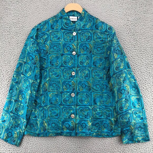 Chicos Jacket Womens 0 US 4 Green Blue Floral Silk Blend Button Asian Shimmer - Picture 1 of 9